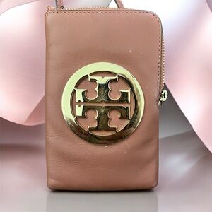 Tory Burch Salmon Pink Leather Wristlet with Gold Logo